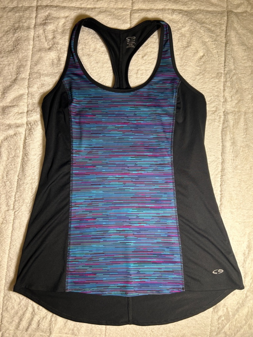 Champion Black Racerback Tank with Blue and Purple Striped Front